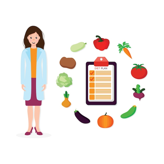 Vector female nutritionist prescribing nutrition schedule isolated cartoon character on white background