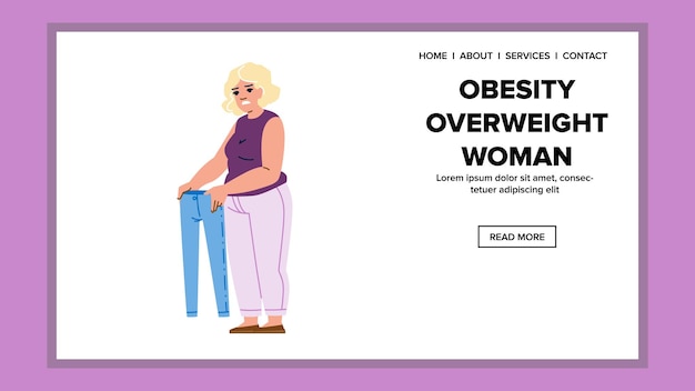 Vector female obesity overweight woman vector fat obese concept adult lifestyle weight female obesity overweight woman web flat cartoon illustration