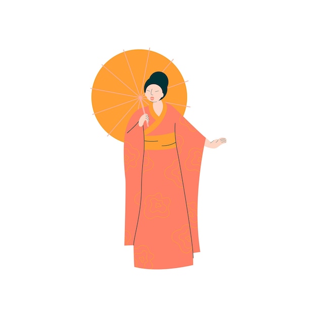 Female Opera Singer Performing On Stage Beautiful Woman Giving Representation in Japanese Traditional Clothing Vector Illustration on White Background