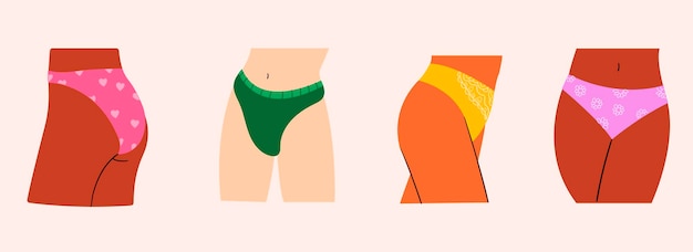 Female panties. Lady in panties. Hand drawn vector illustration. Set of woman panties.