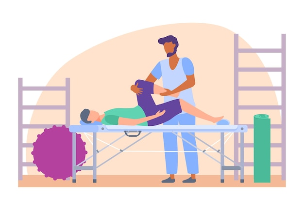 female patient doing leg exercise with male physiotherapist assistance rehabilitation therapy