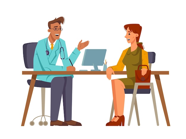 Female patient talking to doctor in office vector