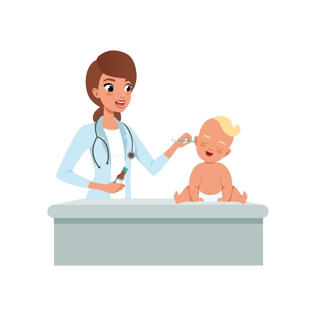 Female pediatrician doing cleaning the ear of little kid with cotton swabs at doctors office healthcare for children vector Illustration isolated on a white background