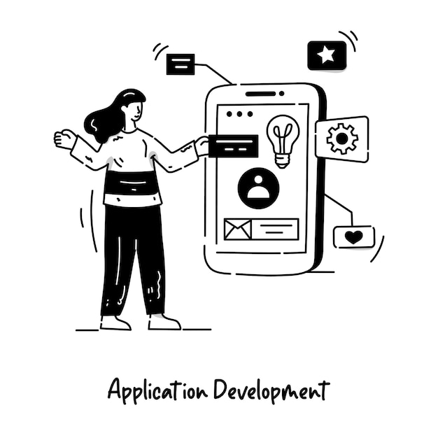 Female performing app development process hand drawn illustration