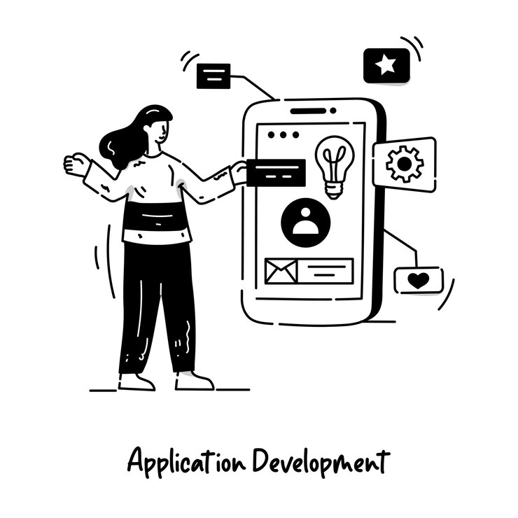 Vector female performing app development process hand drawn illustration