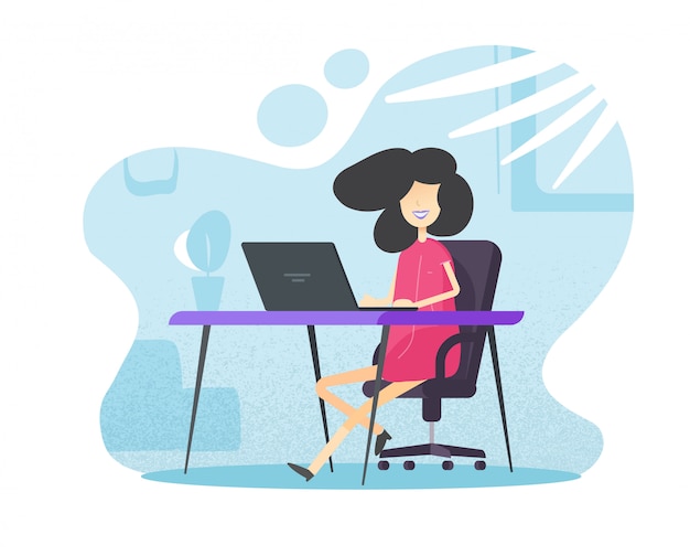 Female person working and learning from home office sitting on table desk