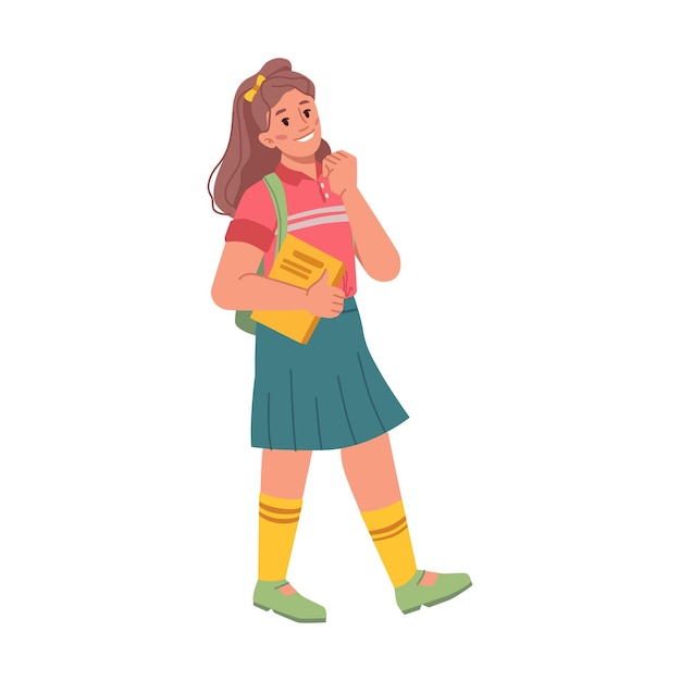 Female personage carrying books and wearing satchel on shoulders walking to school to attend lessons