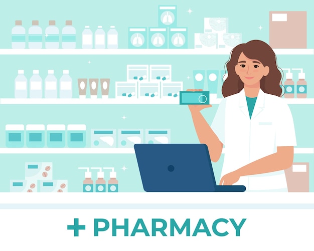 Female pharmacist behind the counter in a drugstore selling medicine. illustration in flat style