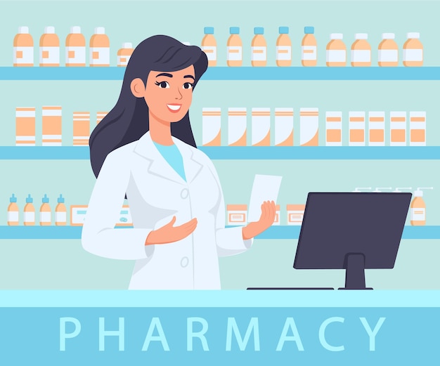 Female pharmacist behind the counter with shelves with medicines on background vector illustration