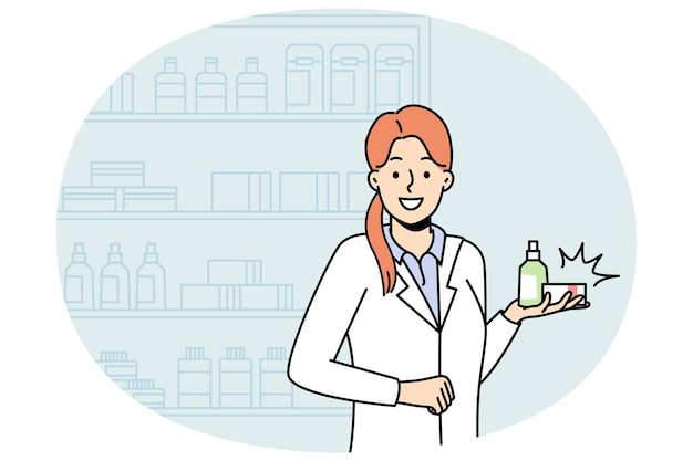 Female pharmacist with medication standing in drugstore Woman medical specialist with drugs in pharmacy Medicine and healthcare Vector illustration