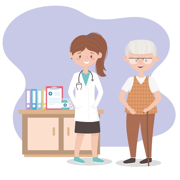 Vector female physician and grandpa with medicine and