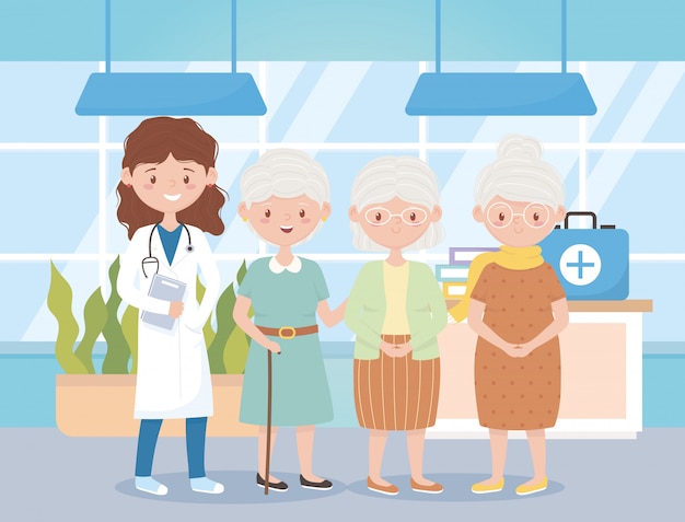 Female physician and group grandmothers in hospital, doctors and elderly people