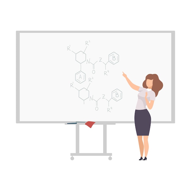 여성 물리학 교수가 화이트보드 평면 터 일러스트레이션 앞에 서서 세미나 강의를 설명하는 과제를 주고 있습니다.
