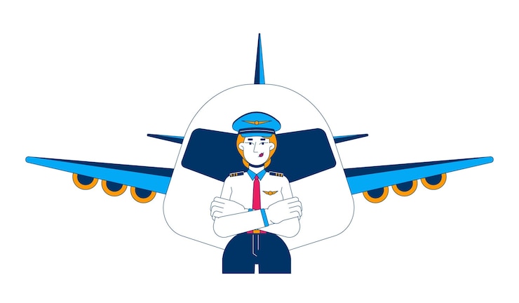 Vector female pilot with airplane cartoon flat illustration
