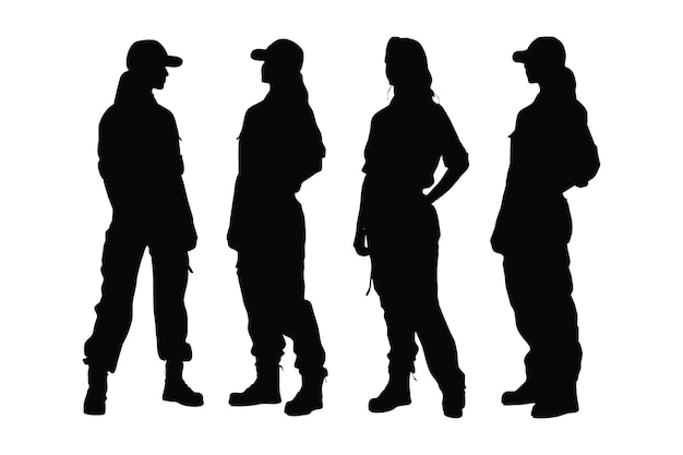 Idraulico femminile in piedi e con indosso uniformi silhouette collezione operaio edile donna e set di silhouette idraulico vettore modello idraulico femminile con fascio di silhouette facce anonime