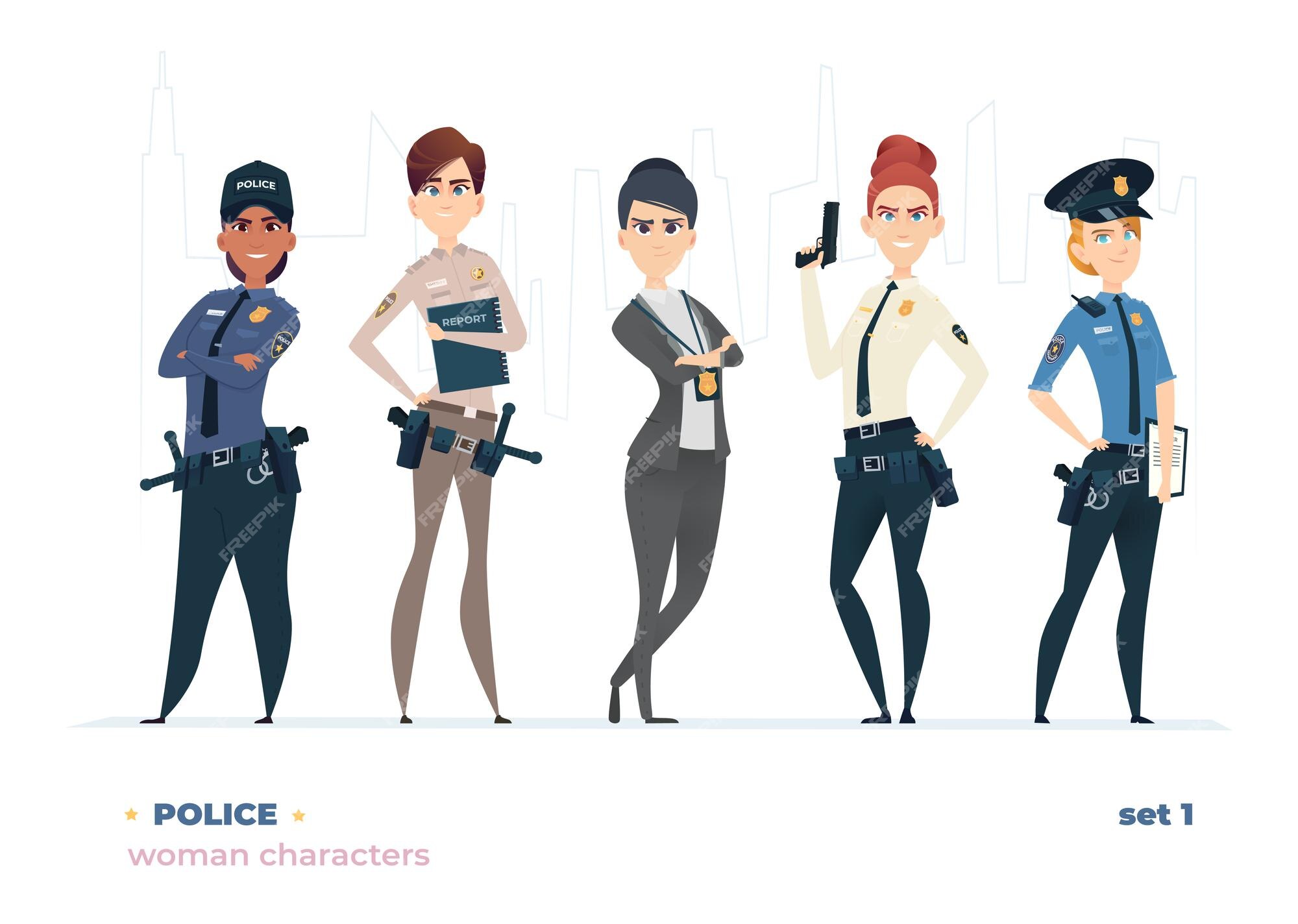 Premium Vector | Female police officer collection. young cheerful police women. police girls character collection. Premium Vector | Female police officer collection. young cheerful police women. police girls character collection.