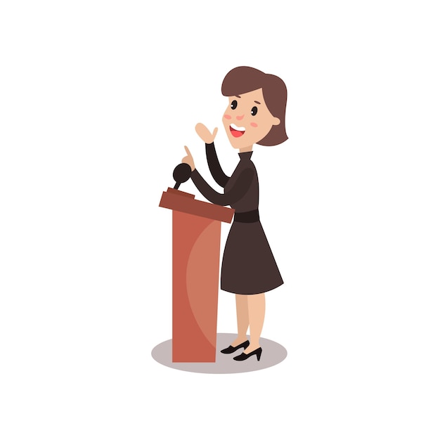 Vector female politician character standing behind rostrum and giving a speech, public speaker, political debates vector illustration isolated on a white background