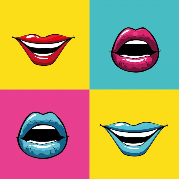 Female pop art mouths and eyes inside frames vector