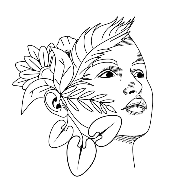 Female portrait line art with flowers