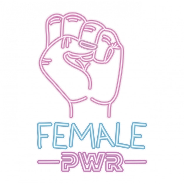 Vector female power label with hand in fight signal icons