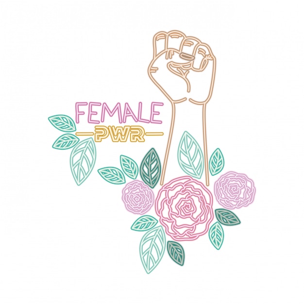 Female power label with hand in fight signal icons