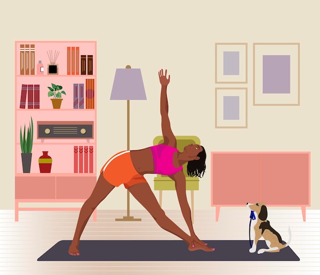 Vector female practicing yoga in the living room flat vector illustration