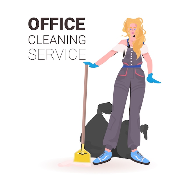 Female professional office cleaner woman janitor with cleaning equipment copy space