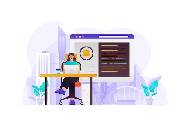 Vector female programmer doing coding illustration