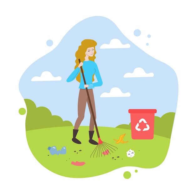 Vector female in protective clothes and shoes standing in park and gathering trash volunteers taking care of environment waste recycling clean planet concept flat vector illustration