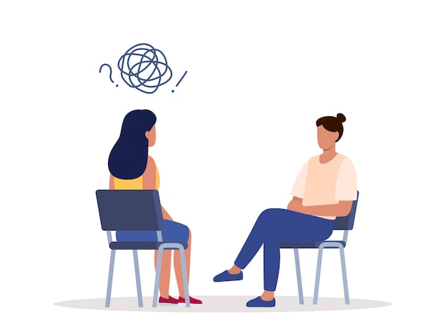 Vector female psychotherapist has an individual session with her patient talk therapy concept