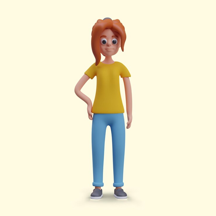 Vector female realistic character in jeans red haired woman stands with her hand on her waist