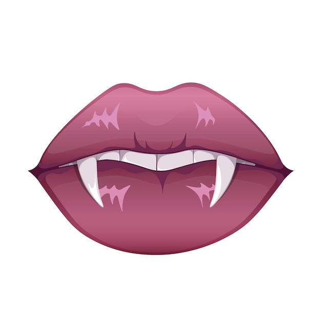 Vector female red vampire lips with fangs. lips with long pointed canine teeth.