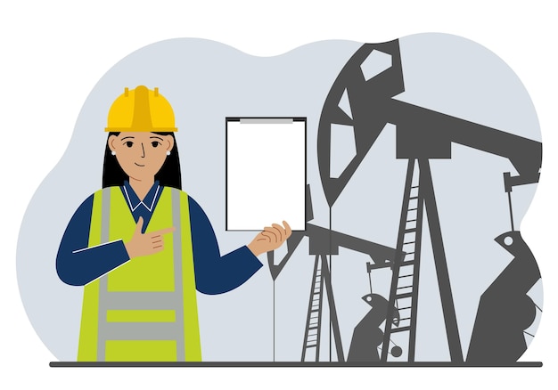 A female refinery engineer worker uses a tableted oil pumping unit energy industrial zone oil drilling vector flat illustration
