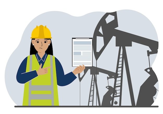 Vector a female refinery engineer worker uses a tableted oil pumping unit energy industrial zone oil drilling vector flat illustration