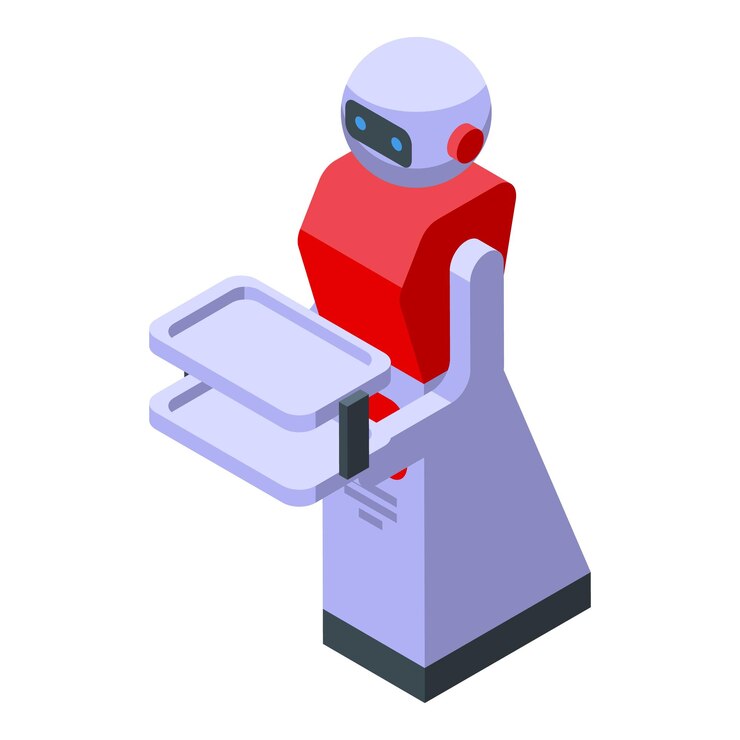 Vector female robot waiter icon isometric vector butler plate server residence serving culinary