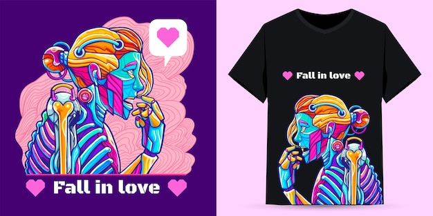 Female Robot Who Feels Love Suitable For Clothes Screen Printing Vector Premium