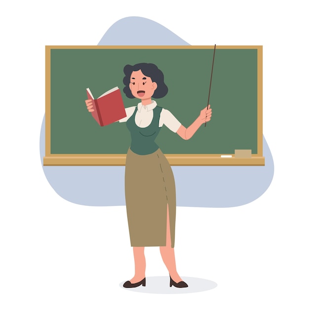 Vector female school teacher is teching in front of blackboardflat vector cartoon character illustration