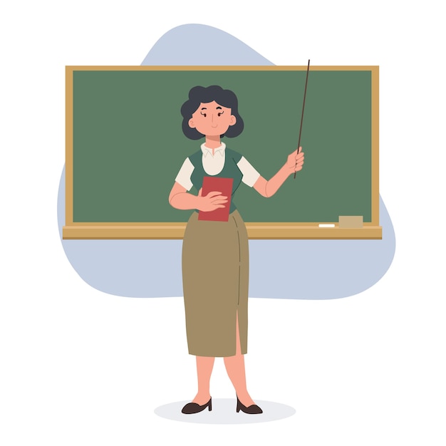 L'insegnante di scuola femminile sta insegnando davanti alla lavagna illustrazione del personaggio dei cartoni animati di vettore piatto