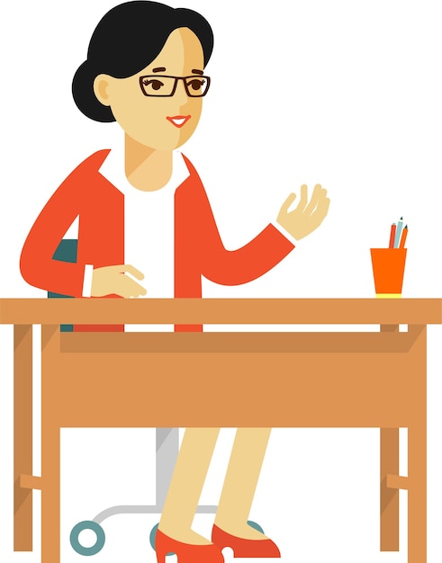 Vector female school teacher siiting at teacher's desk table and talking