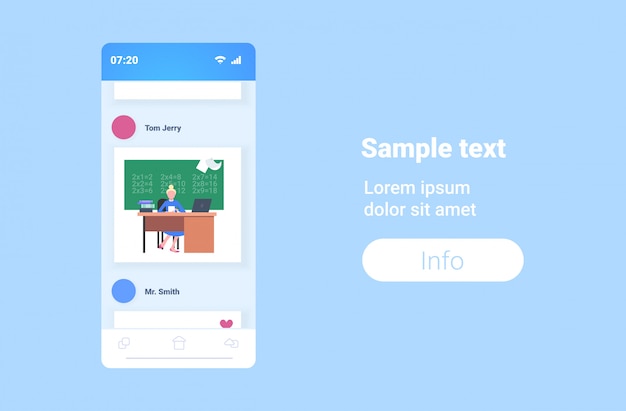 ラップトップの数学レッスン教育コンセプトスマートフォン画面オンラインモバイルアプリ水平コピースペースを使用して黒板の前の机に座っている女教師