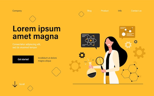 Female scientist doing scientific research in lab landing page in flat style