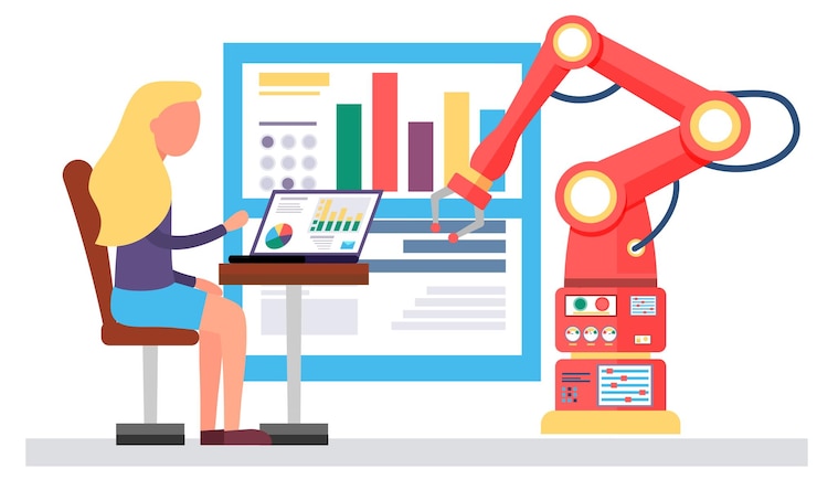 Vector female scientist and mechanical arm conducting experiments artificial intelligence woman record data obtained as a result of research into her laptop implementation of technologies into production