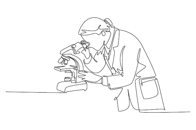 女性科学者ワクチンを見つけるために微鏡を使って抗生物質の配方を研究しています