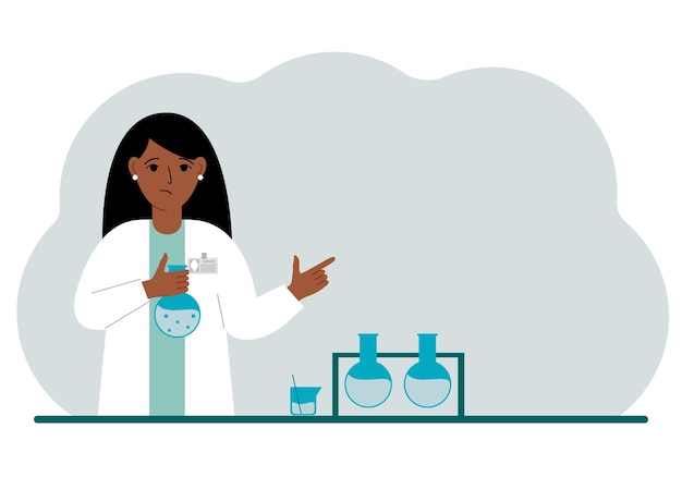 Female scientist with flasks Experimental scientist laboratory assistant biochemistry chemical scientific research Vector flat illustration for banner advertisement or web
