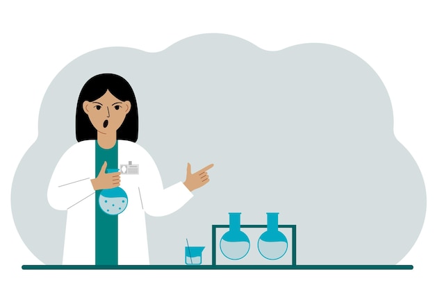 Female scientist with flasks Experimental scientist laboratory assistant biochemistry chemical scientific research Vector flat illustration for banner advertisement or web