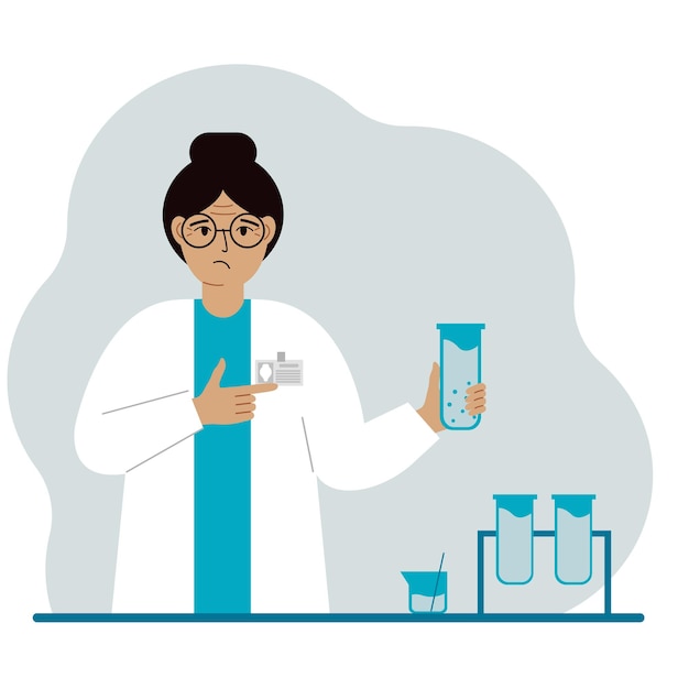 Vector female scientist with flasks experimental scientist laboratory assistant biochemistry chemical scientific research vector flat illustration