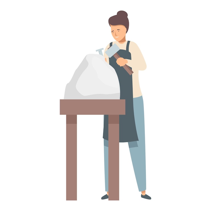 Vector female sculptor carving stone sculpture with hammer and chisel
