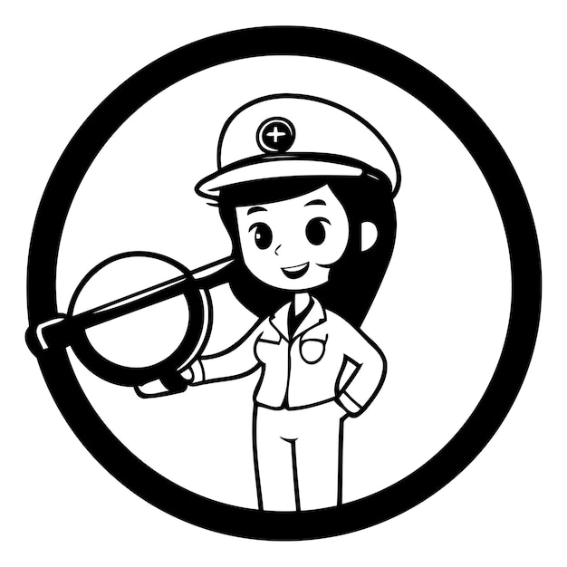 Female security guard with magnifying glass Vector illustration in cartoon style