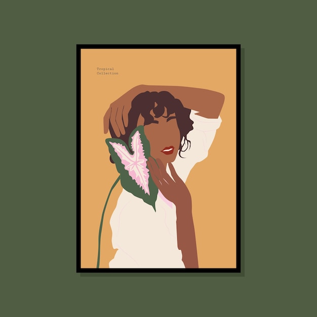 Female silhouette and botanical illustration for print poster collection