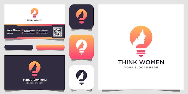 Female silhouette in bulb lamp logo and business card 